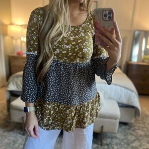 T2 Love Olive and Black Floral Blouse